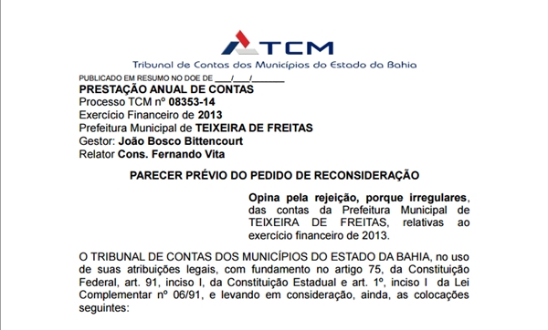 Parecer TCM contas de Joao Bosco 2013