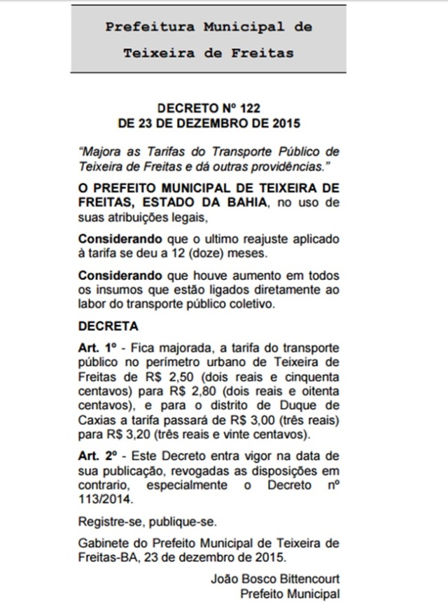 Nova tarifa das passagens do coletivo