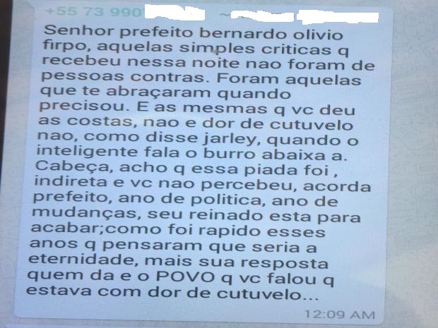 Recado enviado por um eleitor a Bernardo Ol&iacute;vio