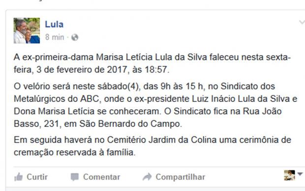 Lula anuncia morte de Mariza Leticia